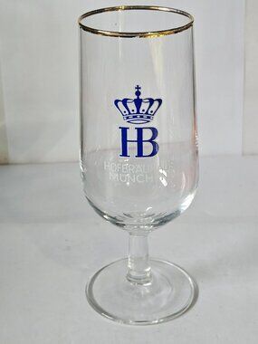Hofbrauhaus HB Beer Glass Stemmed 10oz Gold Rim Munich Logo Tall Pilsner Barware